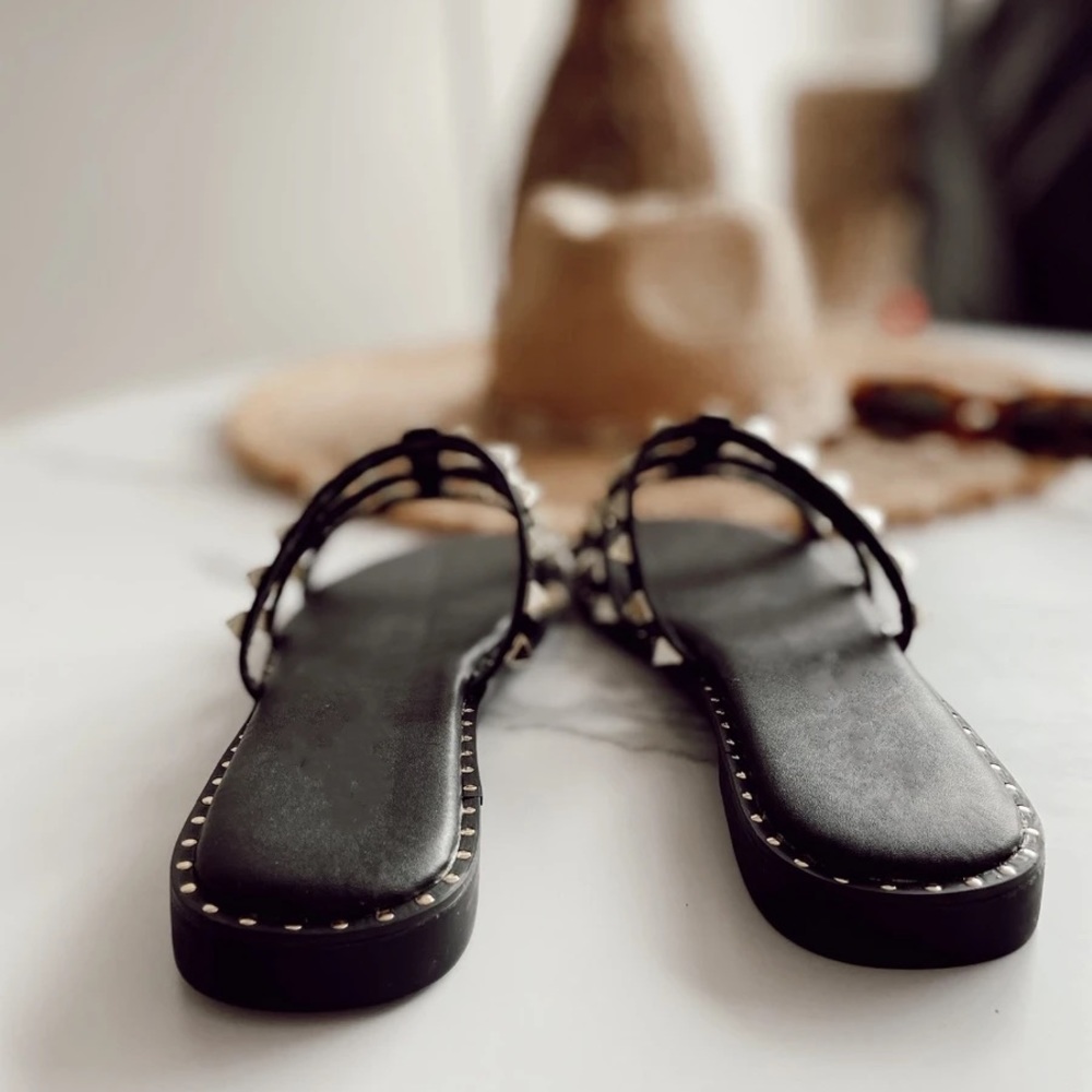 Black Gold Stud Slides Sandals - Picture 2 of 3